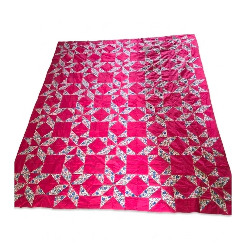 Homemade Holiday Sparkle Quilt Top Hot Pink Blue Pink Floral 82" x 98"